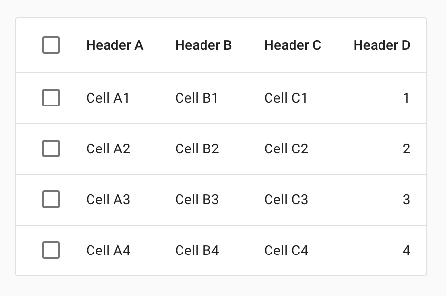 Data table with 5 rows: 1 header row, 4 rows, one column of checkboxes